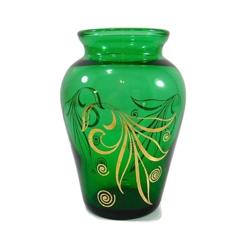 Vase glass green with gold swirled pattern